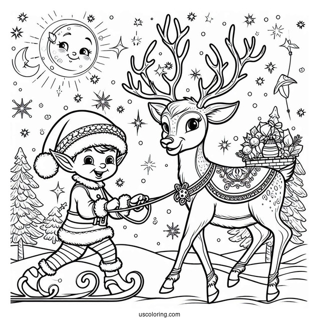 Elf Leading A Reindeer In The North Pole Coloring Page For Kids