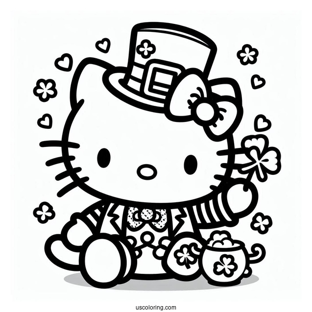 St. Patrick's Day Coloring Page Of Cute Hello Kitty Dressed As A Leprechaun With A Shamrock For Preschoolers