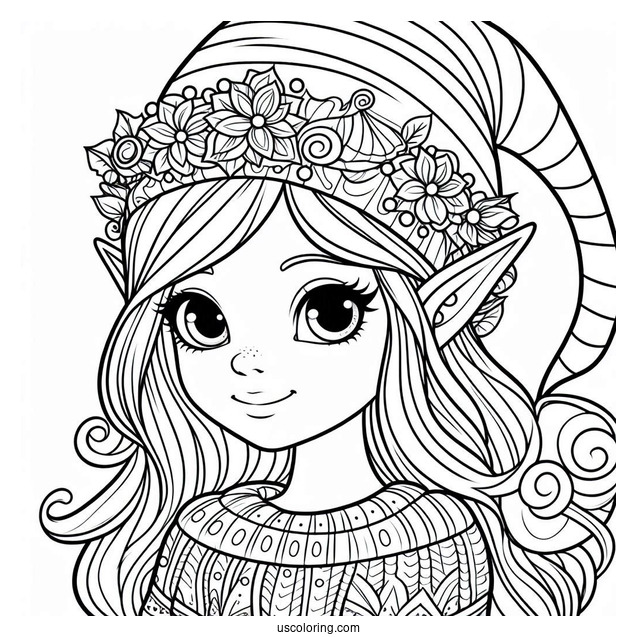 Girl Christmas Elf Coloring Page For Kids