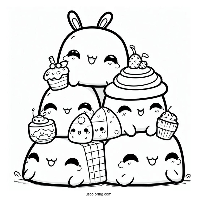 Kawaii Smiling Critters Coloring Page On Top Of Each Other
