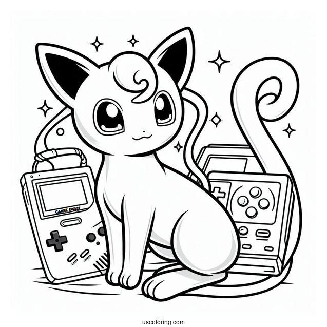 Mew Coloring Page Standing In Front Of Game Boy Console