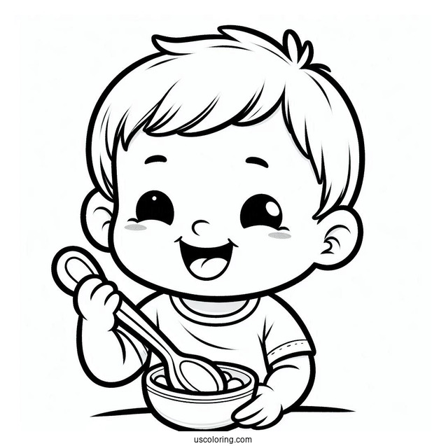 Baby Coloring Page Of Grinning Toddler Holding A Spoon