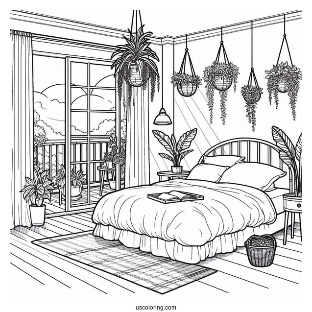 Bedroom Coloring Page With Hanging Plants And Open Balcony