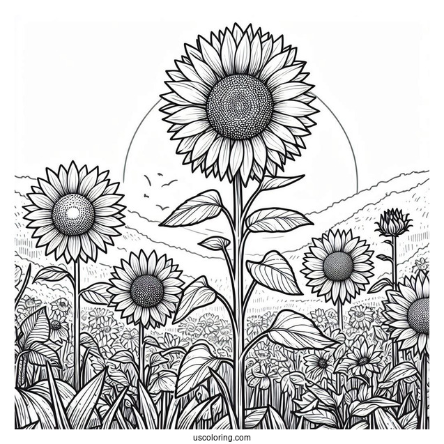 Sunflowers In Field To Color