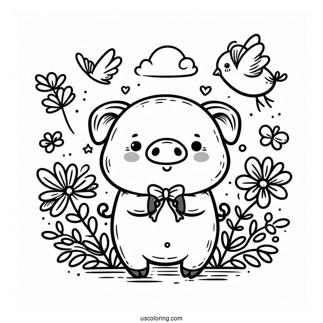 Cute Cartoon Pig With Bird