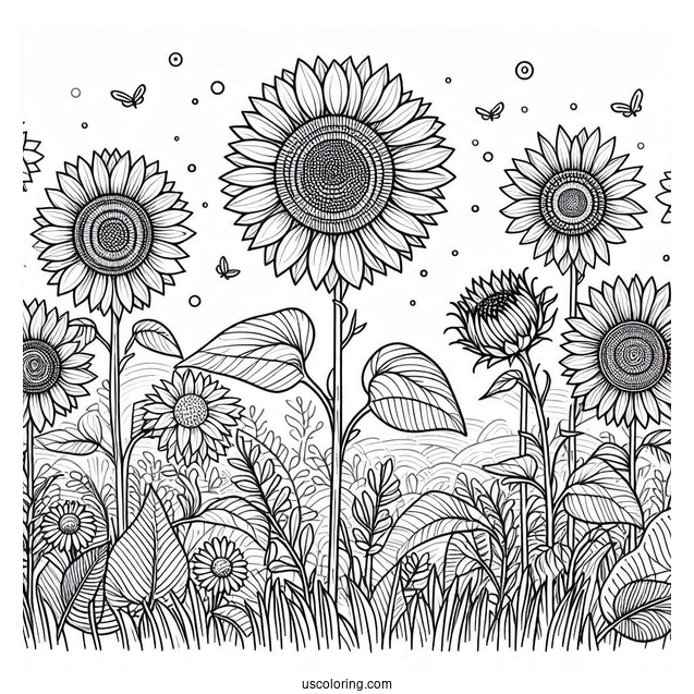 Field Of Sunflowers Coloring Page