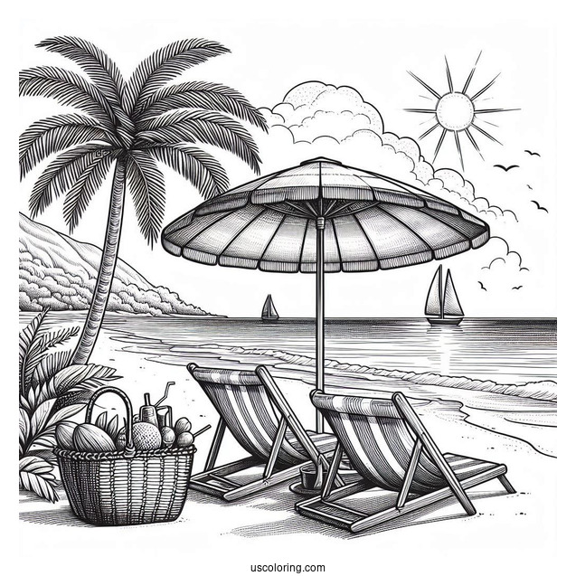 Beach Chairs Under A Palm Tree Facing The Sea