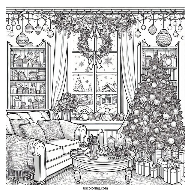 Christmas Coloring Pages For Adults Of Window Looking Into Living Room With Christmas Decors