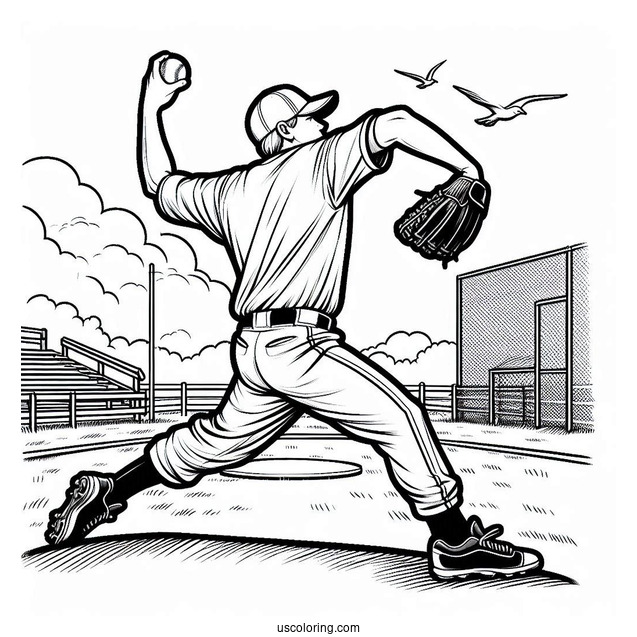Baseball Coloring Page Of Player Warming Up to Pitch