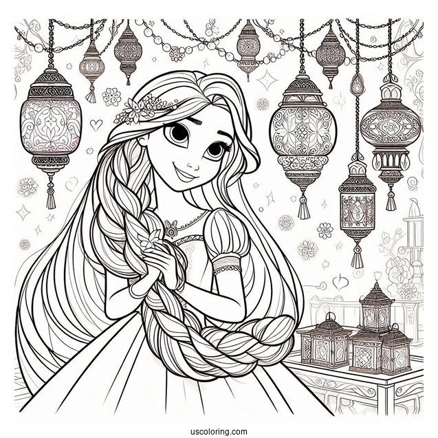 Princess Coloring Page Of Tangled Princess Rapunzel With Lanterns In Background