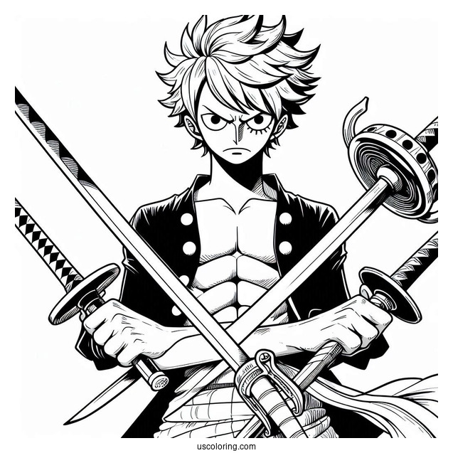 One Piece Coloring Page Of Roronoa Zoro With Three Swords