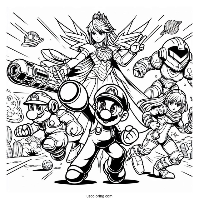 Super Smash Bros Coloring Page Of Mario, Mega Man, Palutena, Samus Aran, And Lucina