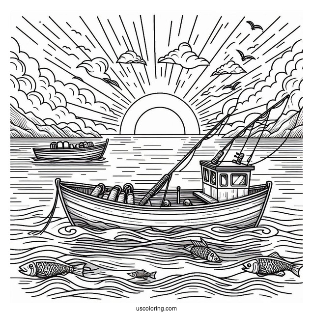 Large Fishing Coloring Page Boat In The Middle Of The Sea
