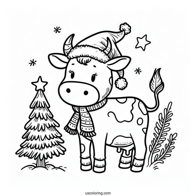 Christmas Themed Cow Coloring Page