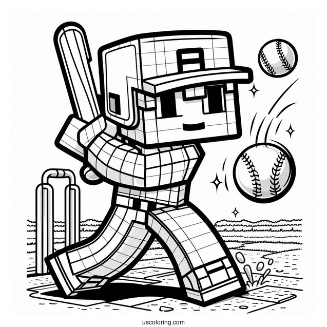 Minecraft Baseball Coloring Page Of Player Batting For Kids