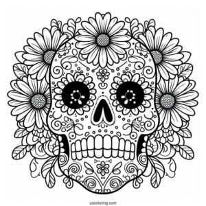Daisy Patterned Sugar Skull Coloring Page