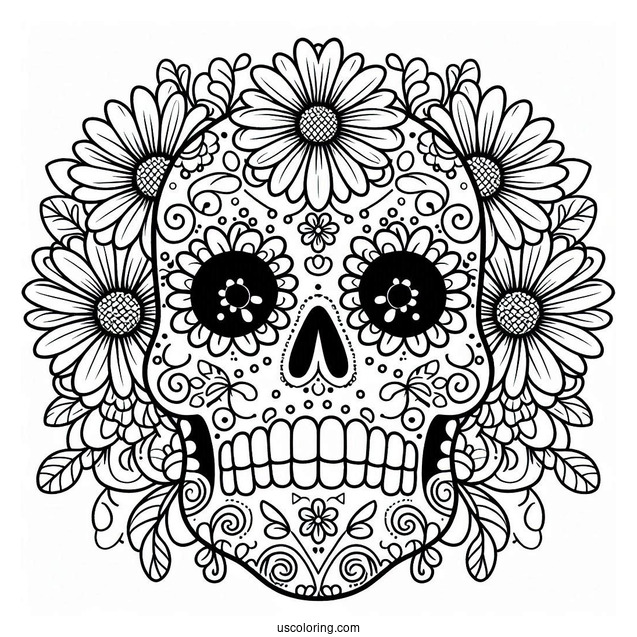 Daisy Patterned Sugar Skull Coloring Page