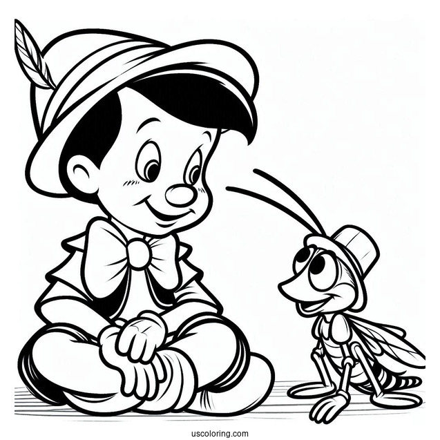 Pinocchio Coloring Page Talking To Jiminy Cricket On The Floor