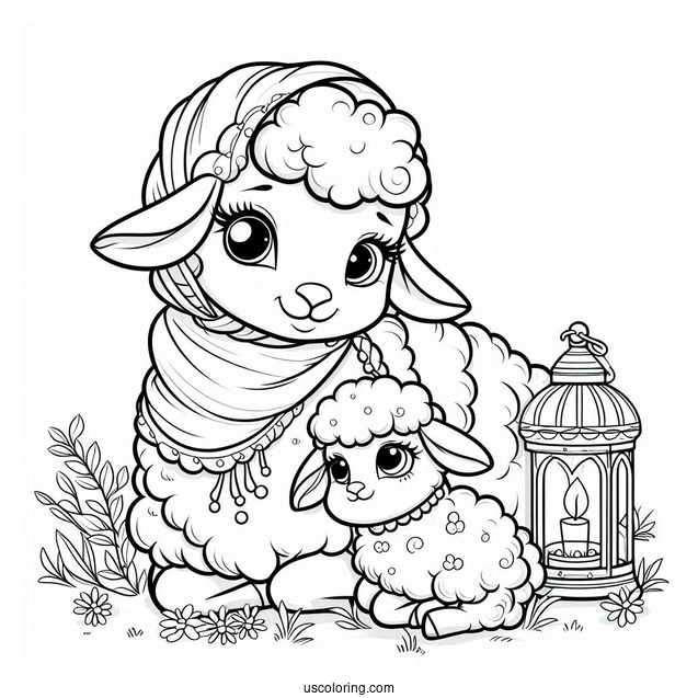 Mother Sheep And Lamp On Grass Coloring