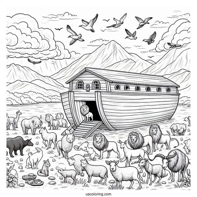 Noah's Ark Coloring Page Leading Animals Into The Ark