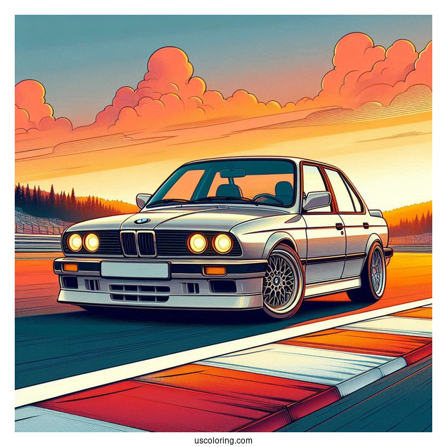 Detailed 3 Series (E30) BMW Coloring Page On Race Track At Sunset