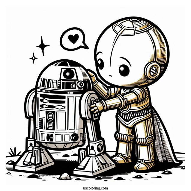 Chibi C3PO With R2 D2 Coloring Page For Preschoolers