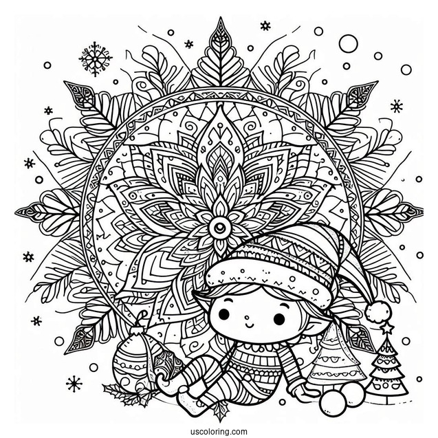 Cute Elf Sitting Inside A Christmas Mandala Coloring Page