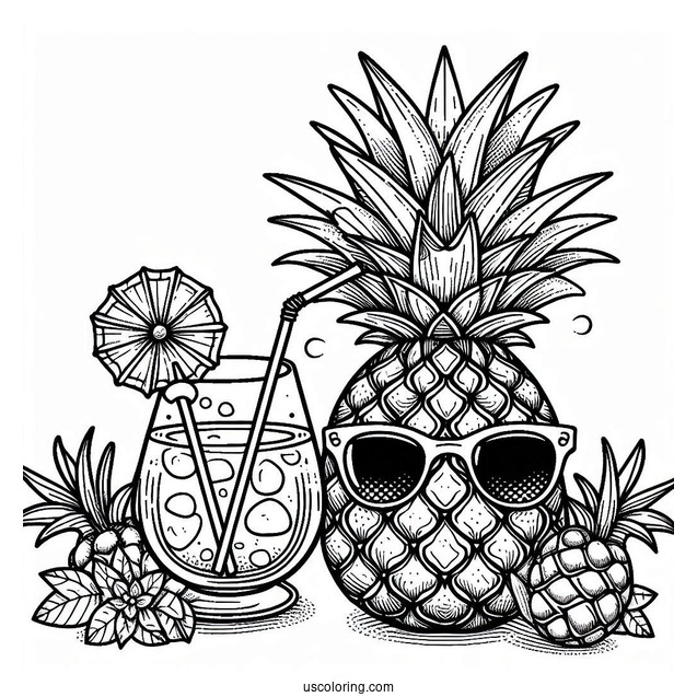 Chill Pineapple Coloring Page With Drink and Sunglasses