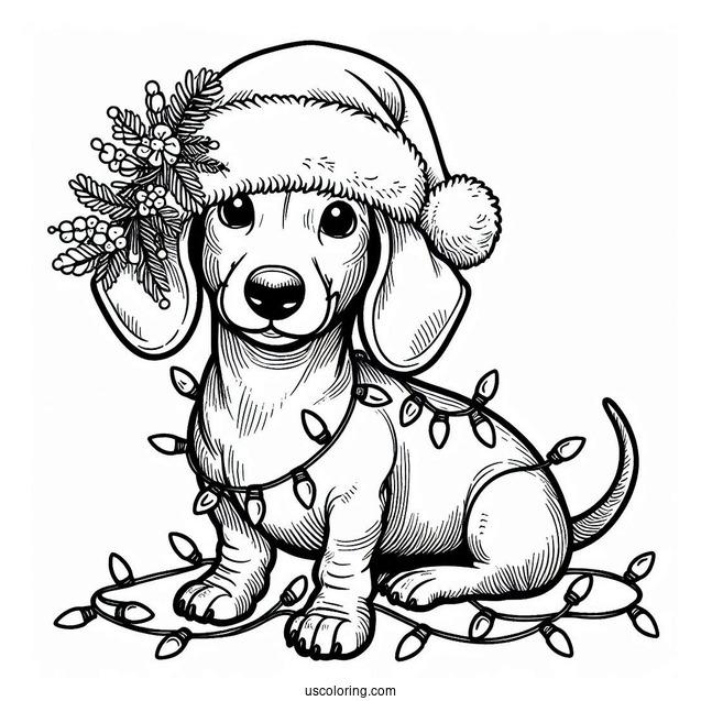 Dachshund Coloring Page In Santa Hat And Christmas Lights