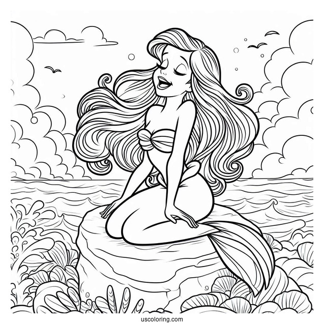 Ariel Singing On Top Of Rock Coloring Sheet