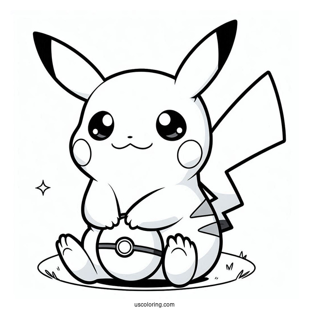 Kawaii Pikachu Sitting On Pokeball Coloring Sheet