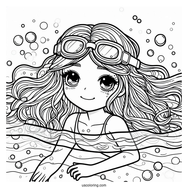 Girl Wearing Goggles Swimming Coloring Page Under Water