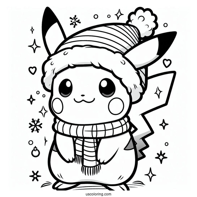 Cute Pikachu Wearing Santa Hat Christmas Coloring Sheet