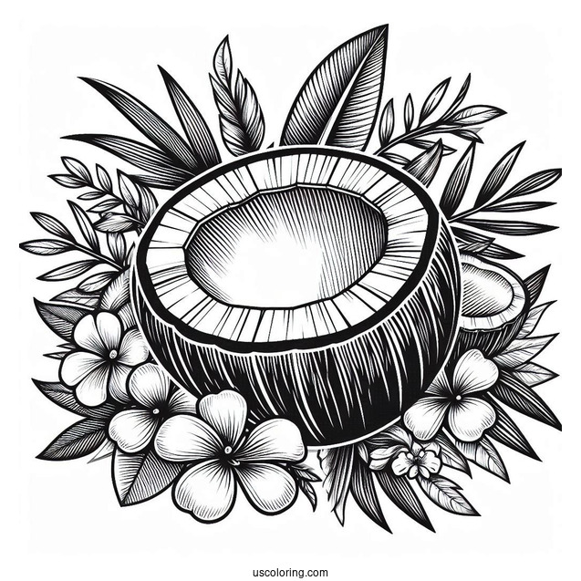 Open Coconut Coloring Page With Leaves And Flowers