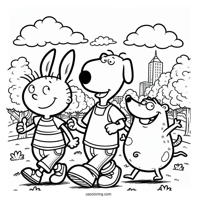 Nickelodeon Coloring Page Of Doug, Skeeter, And Porkchop Walking In Park