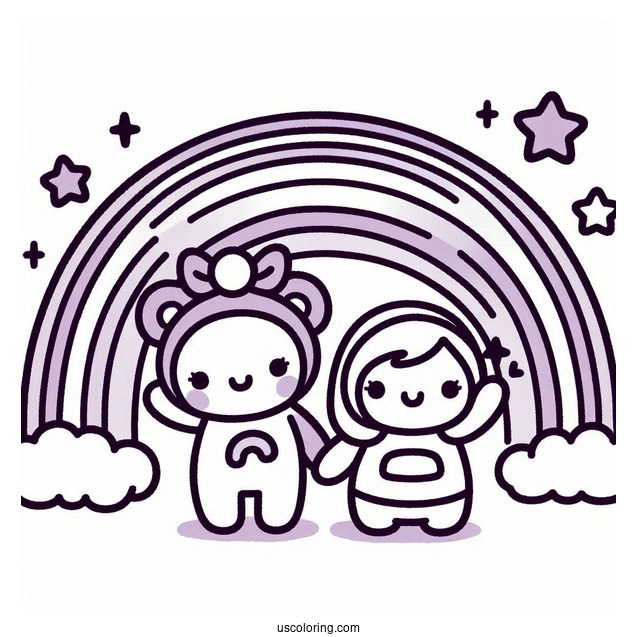 Simple Purple Rainbow Friends Coloring Page Waving