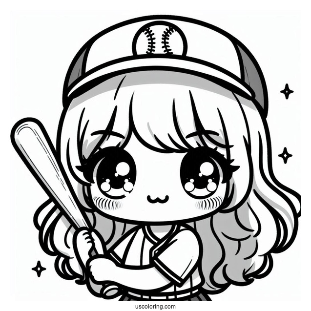 Kawaii Girl Baseball Coloring Page Player Holding A Bat