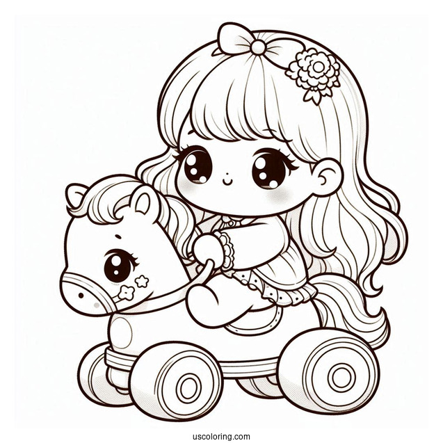Kawaii Baby Coloring Page Riding A Toy Horse