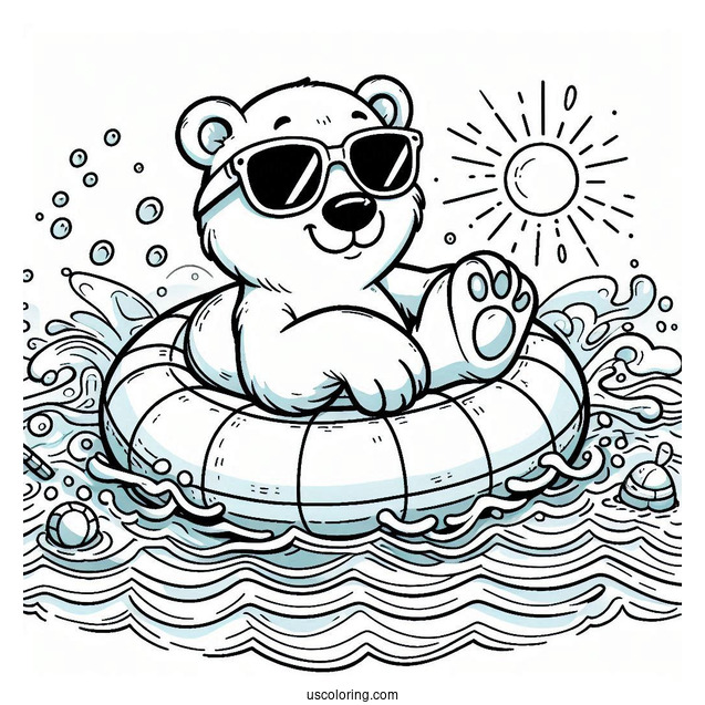 Swimming Coloring Page Of Polar Bear With Sunglasses On An Inflatable In The Pool