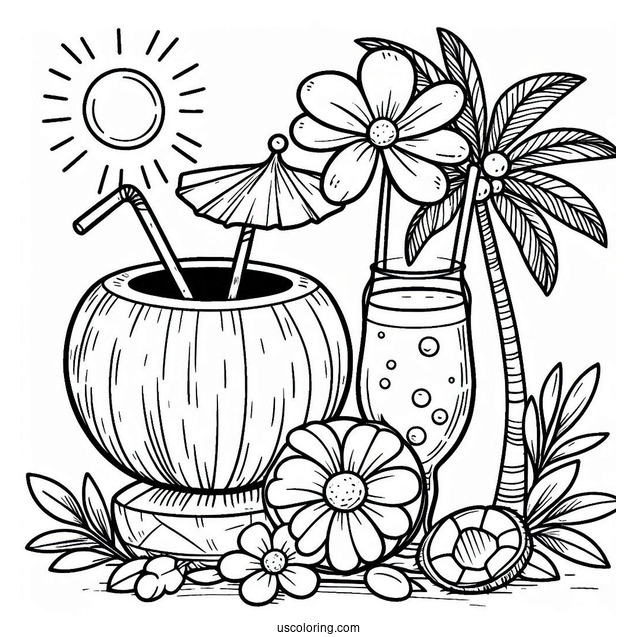 Summer Coloring Page Of Easy Coconut Drink With A Flower For Kids