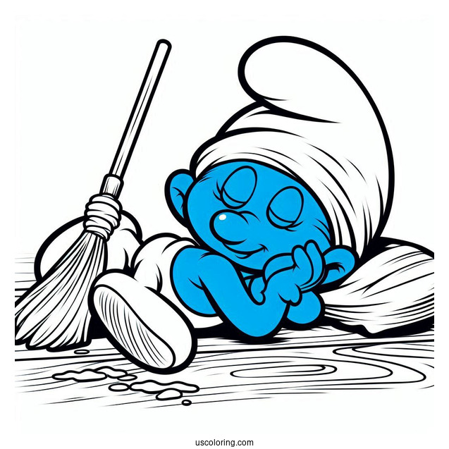 Lazy Smurf Napping While Sweeping Floor