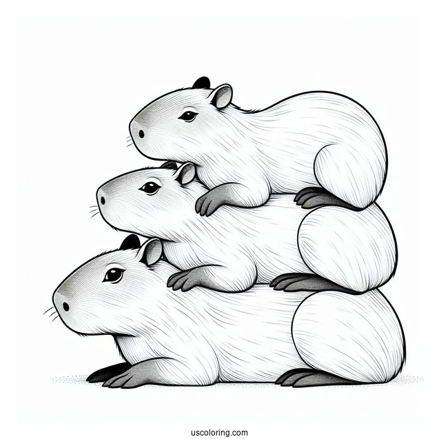 Three Capybara Coloring Page Piled On Top Of Each Other For Preschoolers