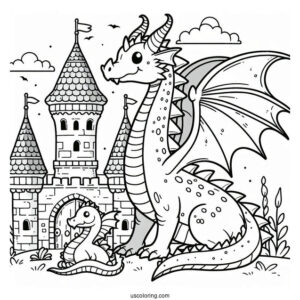 Coloring Sheet Of Dragon Next To Castle For Preschoolers