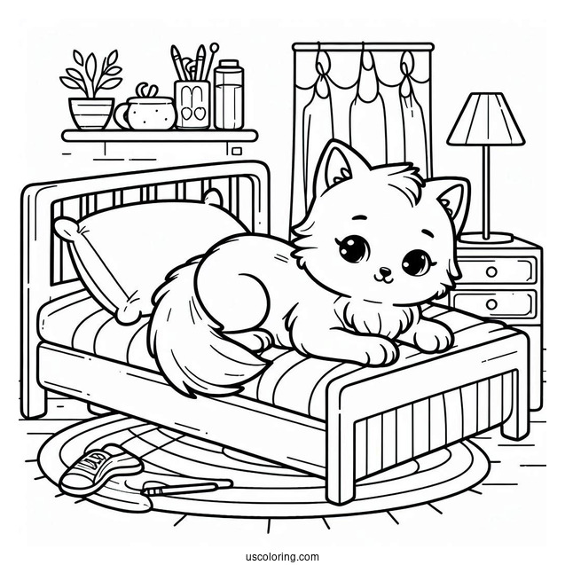 Cat Lying On Bed Coloring Sheet