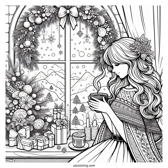 Coffee Coloring Pages Of Woman In Dress And Cape Drinking Coffee On Christmas Day By Window Bay
