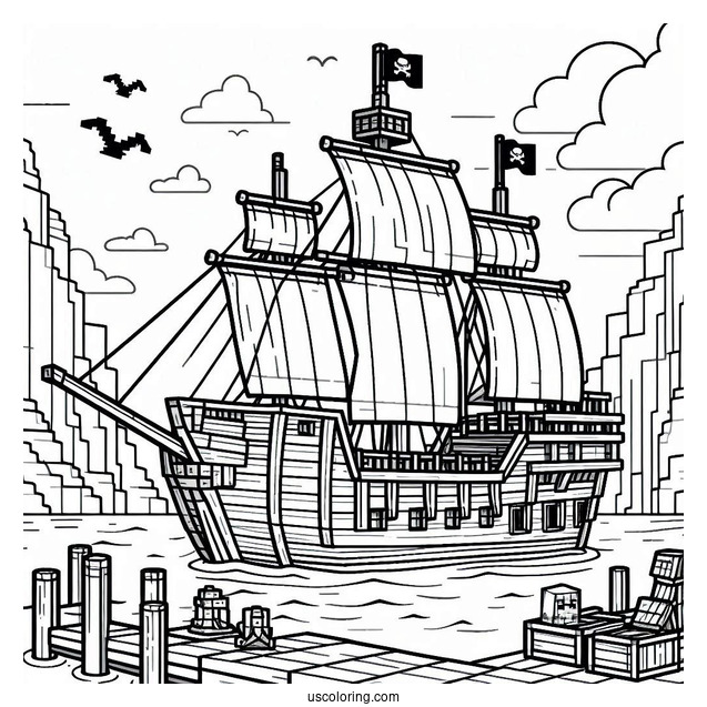 Minecraft Pirate Ship Coloring Page Docked At The Port