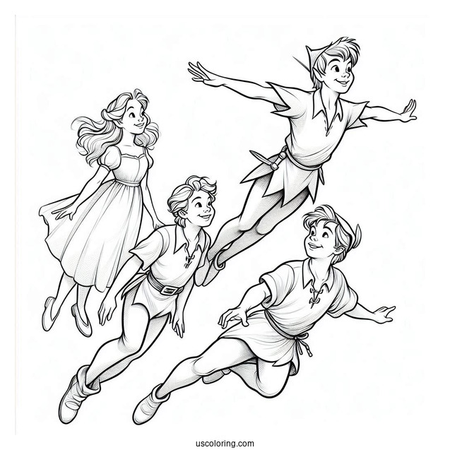 Peter Pan Teaching Wendy, John, And Michael To Fly
