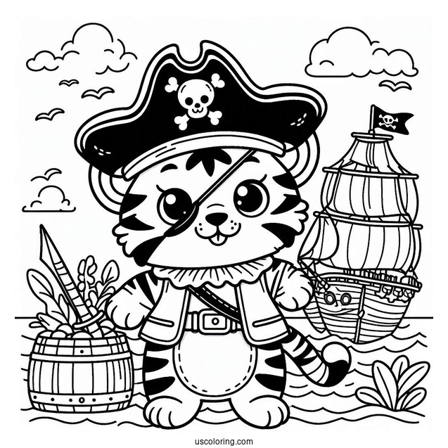 Cute Tiger Pirate Coloring Page For Preschoolers