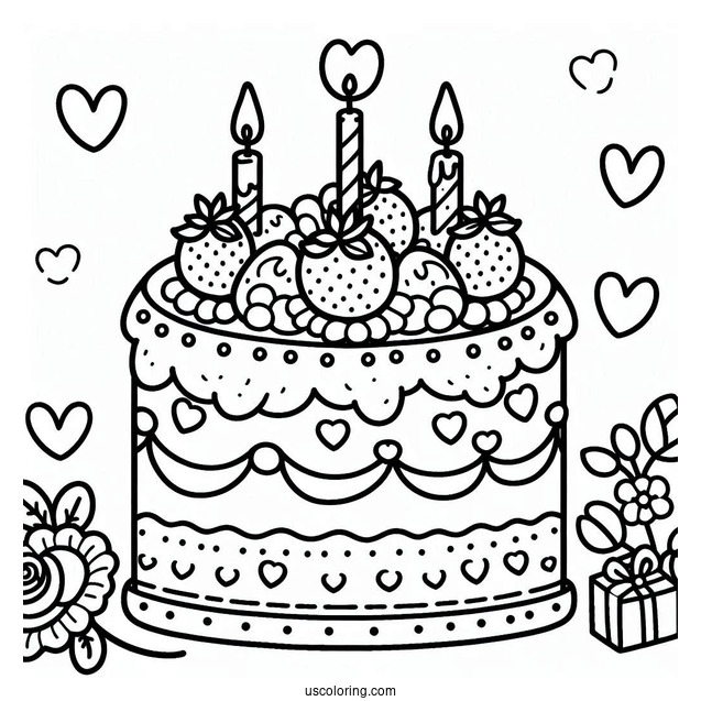 Cartoon Birthday Cake Coloring In For Kids
