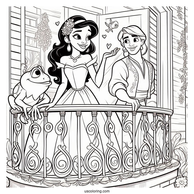 Tiana, Ray, And Frog Prince Naveen On Balcony Coloring In